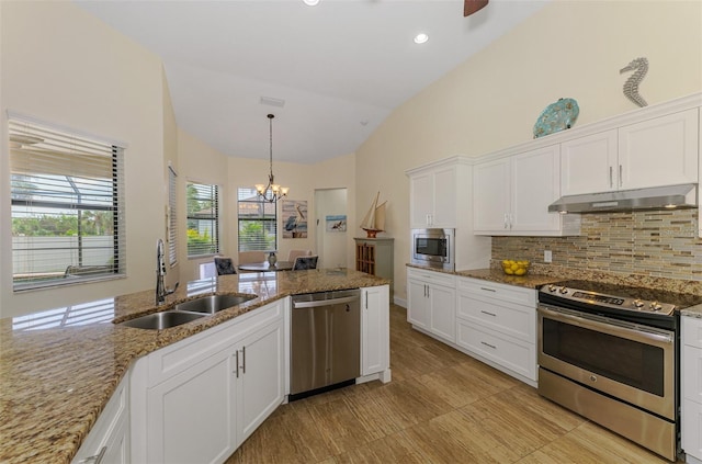 kitchen featuring tasteful backsplash, appliances with stainless steel finishes, white cabinets, a sink, and under cabinet range hood