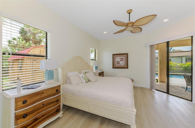 bedroom with ceiling fan, access to outside, light wood-type flooring, and recessed lighting