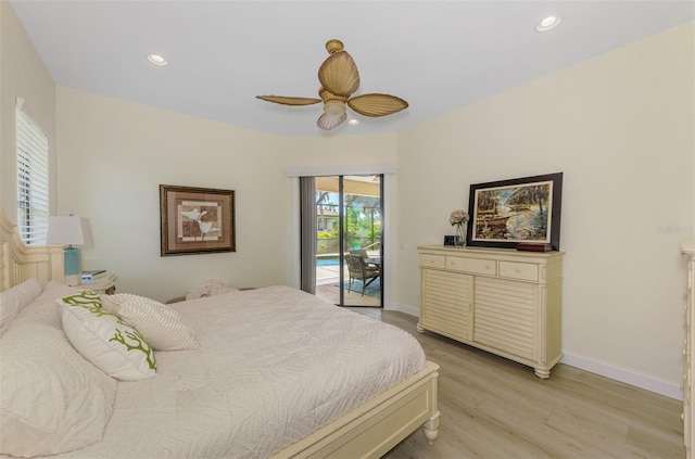 bedroom featuring baseboards, a ceiling fan, light wood-style flooring, and access to exterior