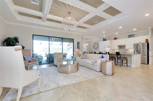 living room with beam ceiling, light tile patterned floors, visible vents, ornamental molding, and coffered ceiling