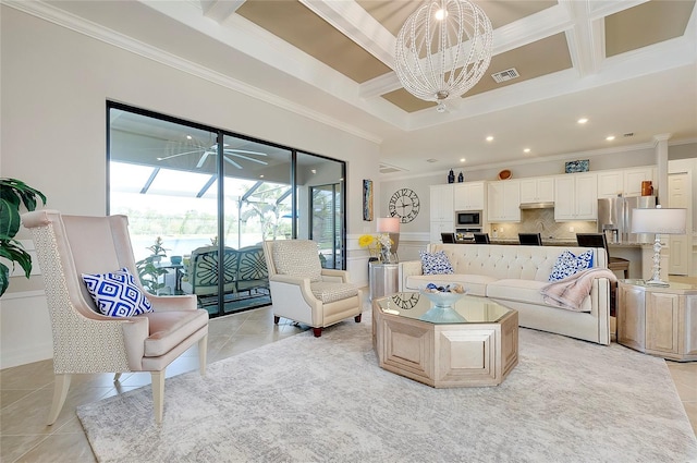 living area with visible vents, coffered ceiling, a sunroom, crown molding, and light tile patterned flooring