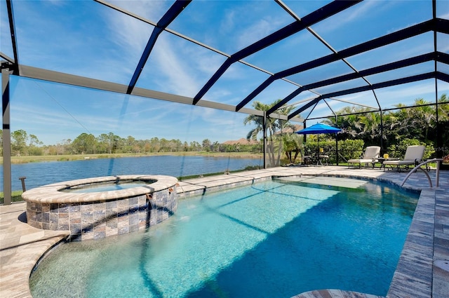 view of swimming pool featuring a water view, a patio area, and glass enclosure