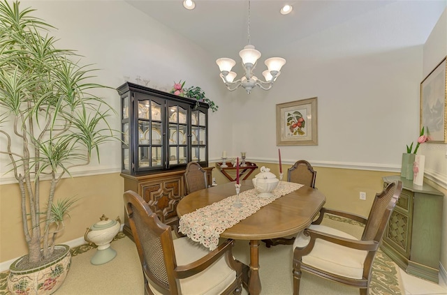 dining area featuring recessed lighting, baseboards, carpet floors, and a chandelier