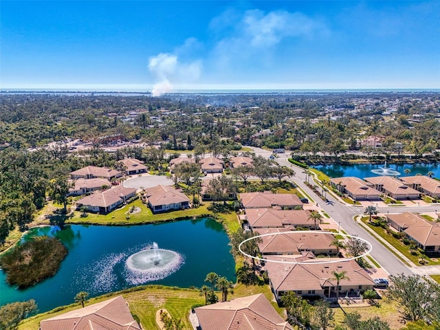 drone / aerial view with a residential view and a water view