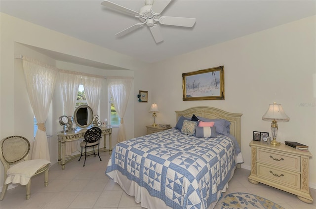 bedroom with light tile patterned flooring and a ceiling fan