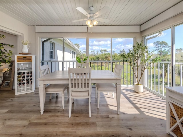 sunroom featuring wood ceiling and a ceiling fan