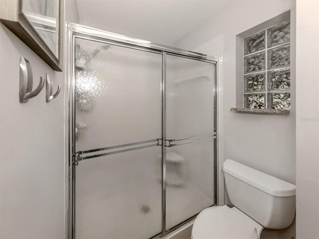 full bathroom featuring a shower stall and toilet