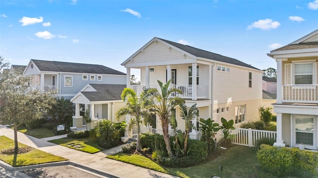 view of front of property featuring a front lawn, fence, and a balcony