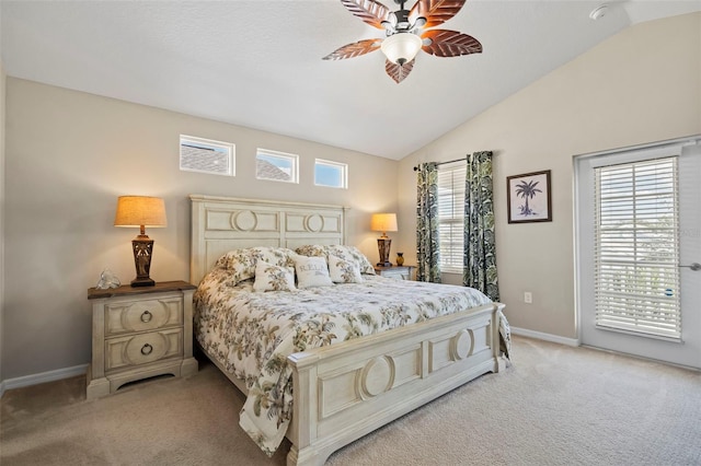 bedroom featuring lofted ceiling, light colored carpet, a ceiling fan, baseboards, and access to exterior