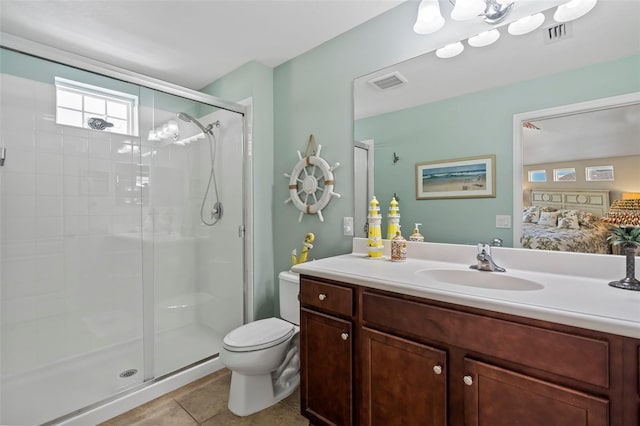 bathroom featuring toilet, a stall shower, connected bathroom, and tile patterned floors