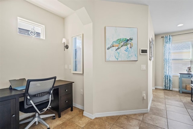 office with recessed lighting, light tile patterned flooring, and baseboards