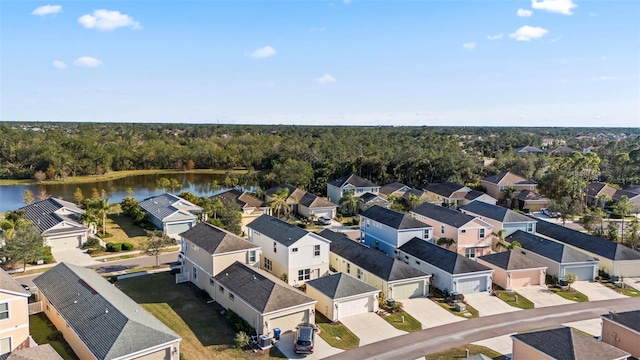 bird's eye view featuring a water view and a residential view