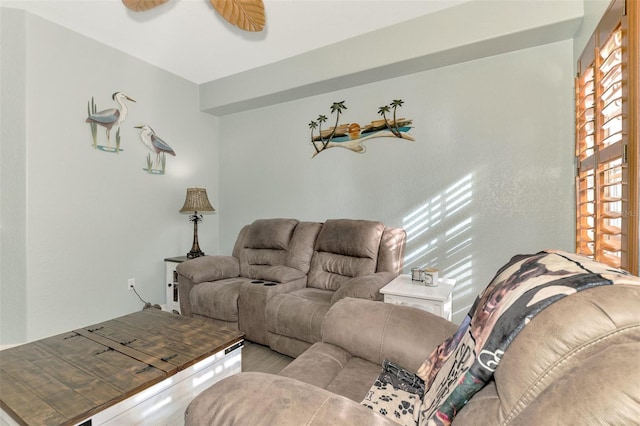 living area with ceiling fan