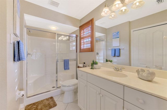 full bath with toilet, a shower stall, and visible vents