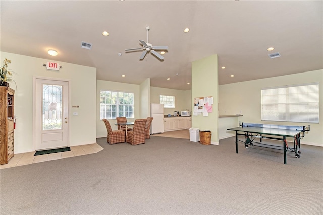 interior space with carpet, visible vents, ceiling fan, and recessed lighting