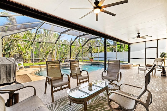 view of patio with a ceiling fan, a fenced in pool, glass enclosure, and an in ground hot tub