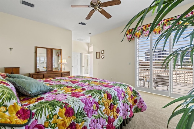 bedroom featuring access to exterior, ceiling fan, visible vents, and carpet flooring