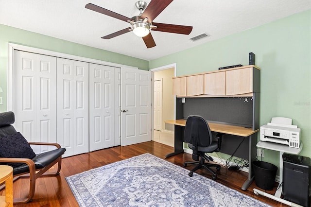 home office featuring dark wood-style floors, ceiling fan, and visible vents