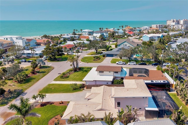 aerial view featuring a water view and a residential view