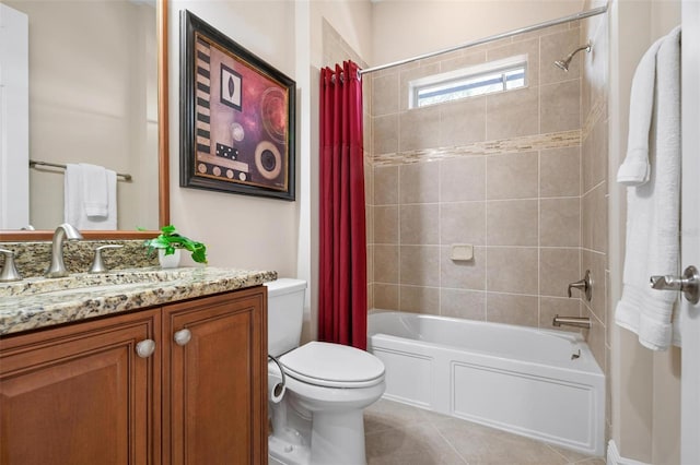 bathroom with toilet, shower / tub combo, tile patterned flooring, and vanity