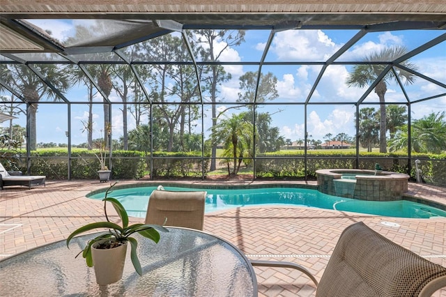 view of swimming pool featuring a pool with connected hot tub, a lanai, a patio, and outdoor dining space