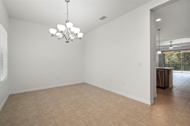 spare room with recessed lighting, baseboards, visible vents, and ceiling fan with notable chandelier