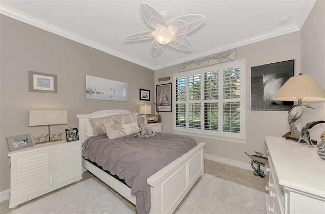 bedroom with light tile patterned floors, baseboards, and ornamental molding