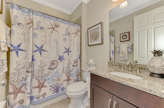 bathroom featuring toilet, a shower with shower curtain, crown molding, and vanity