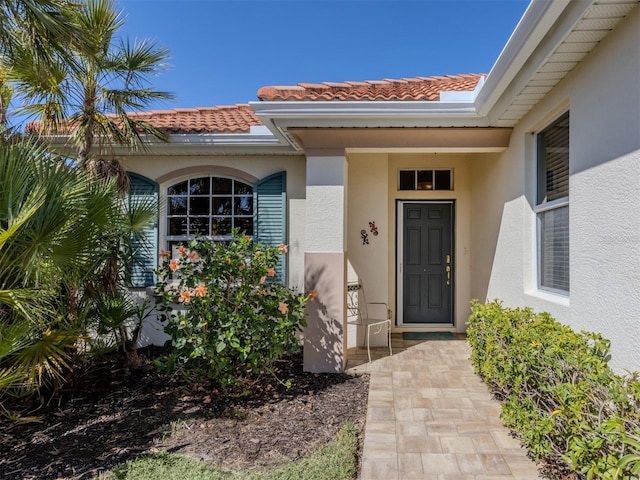 doorway to property with a tile roof and stucco siding