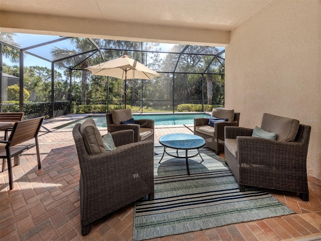 view of patio / terrace with a lanai, an outdoor pool, and outdoor lounge area