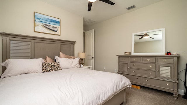 bedroom featuring ceiling fan, dark carpet, and visible vents