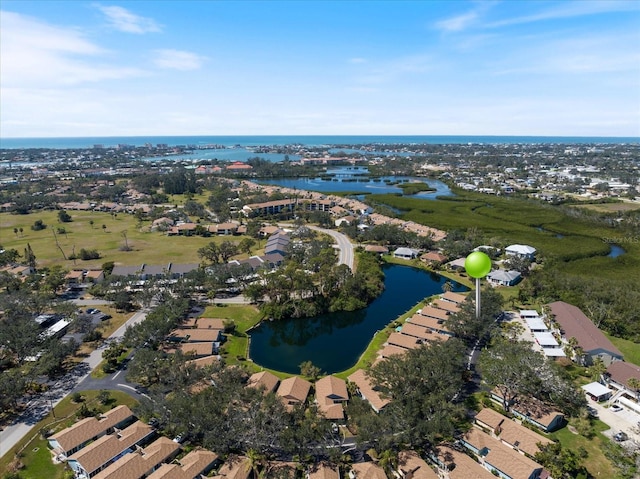 aerial view featuring a water view