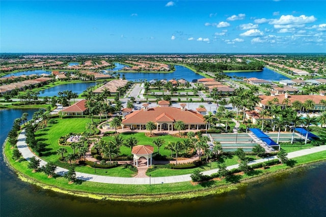 aerial view featuring a water view and a residential view