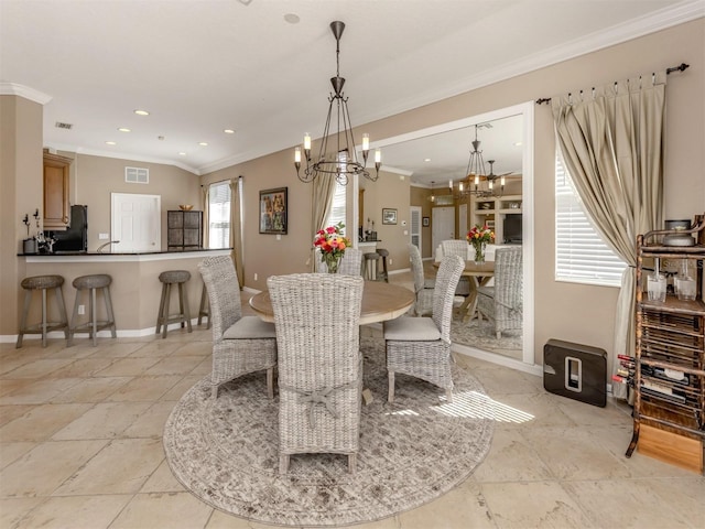 dining area featuring recessed lighting, visible vents, ornamental molding, a chandelier, and baseboards