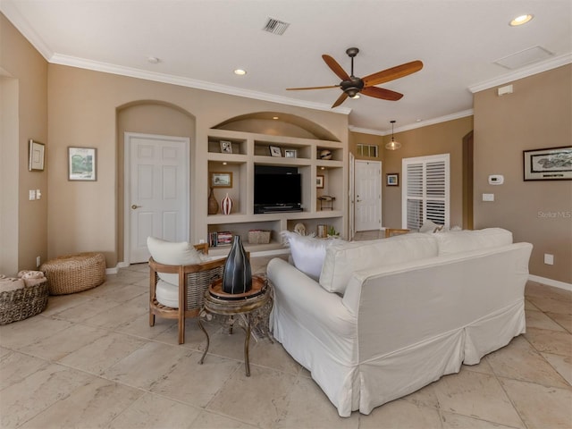 living room featuring crown molding, visible vents, and built in features