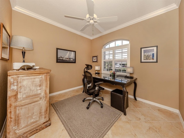 office area featuring ornamental molding, baseboards, and a ceiling fan