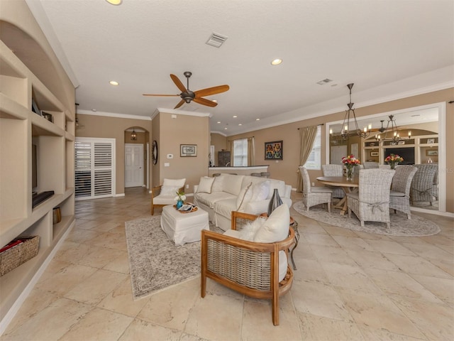 living room with arched walkways, recessed lighting, visible vents, ornamental molding, and ceiling fan with notable chandelier