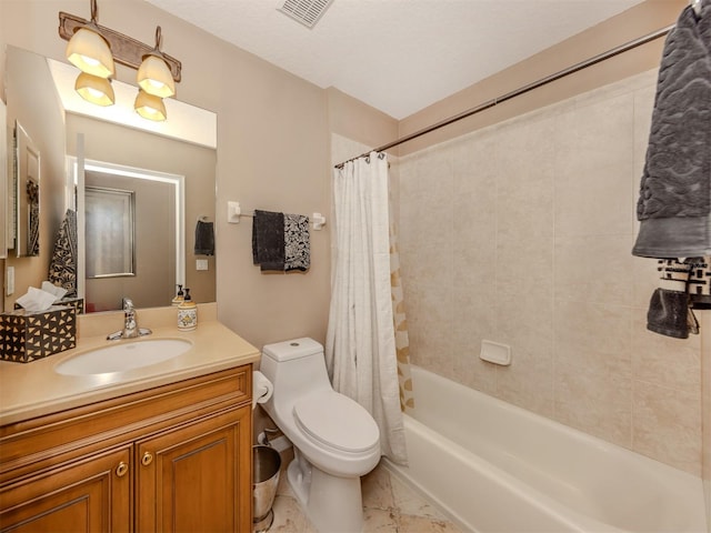 bathroom featuring marble finish floor, shower / tub combo with curtain, visible vents, toilet, and vanity