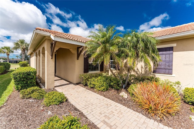 view of home's exterior featuring a tile roof and stucco siding