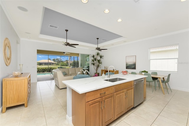 kitchen with a tray ceiling, a healthy amount of sunlight, a sink, and dishwasher