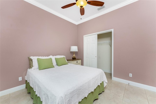 bedroom with light tile patterned floors, baseboards, visible vents, and ornamental molding