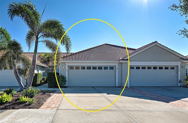 ranch-style house featuring driveway, an attached garage, and stucco siding