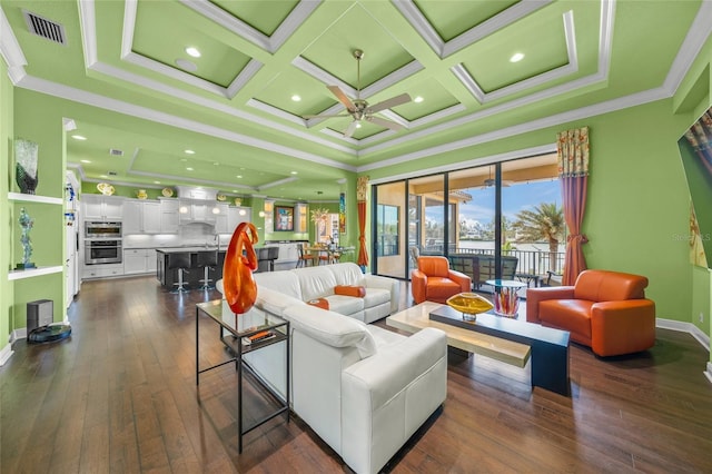 living room featuring ornamental molding, dark wood-type flooring, coffered ceiling, and visible vents