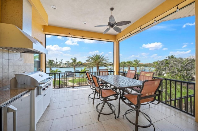 view of patio / terrace featuring a ceiling fan, area for grilling, a balcony, grilling area, and a water view