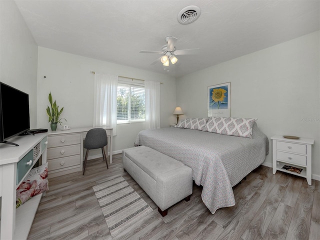 bedroom featuring light wood-style floors, visible vents, ceiling fan, and baseboards