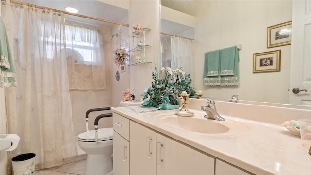 bathroom featuring curtained shower, tile patterned flooring, toilet, and vanity