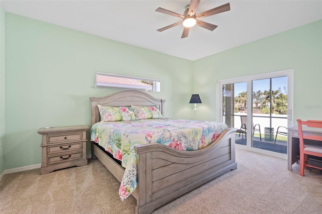 bedroom with access to outside, light carpet, ceiling fan, and baseboards