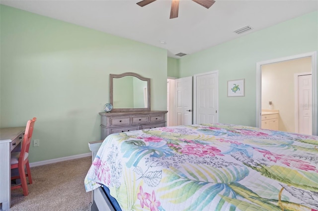 bedroom with light carpet, a ceiling fan, visible vents, and baseboards