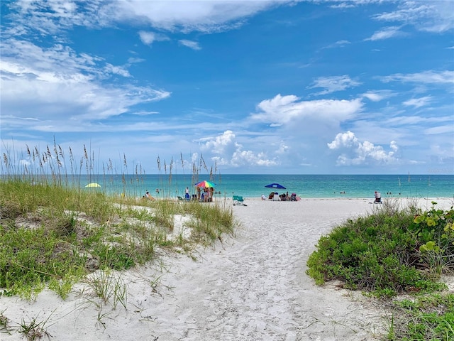 property view of water featuring a beach view