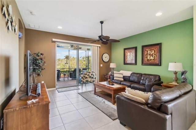 living area featuring a ceiling fan, recessed lighting, visible vents, and light tile patterned flooring